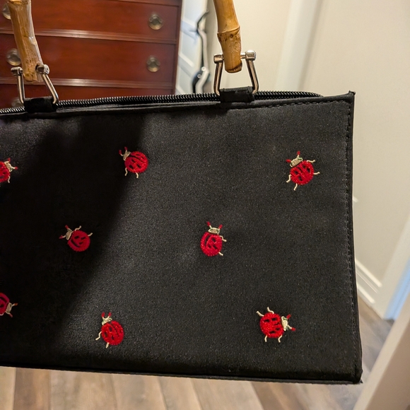 Hand Embroidery Ladybugs Black Canvas Real Bamboo Handle - Picture 2 of 5